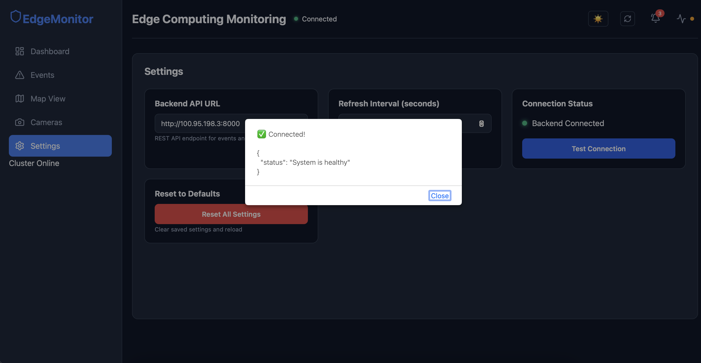 Screenshot: Settings page with Test Connection success